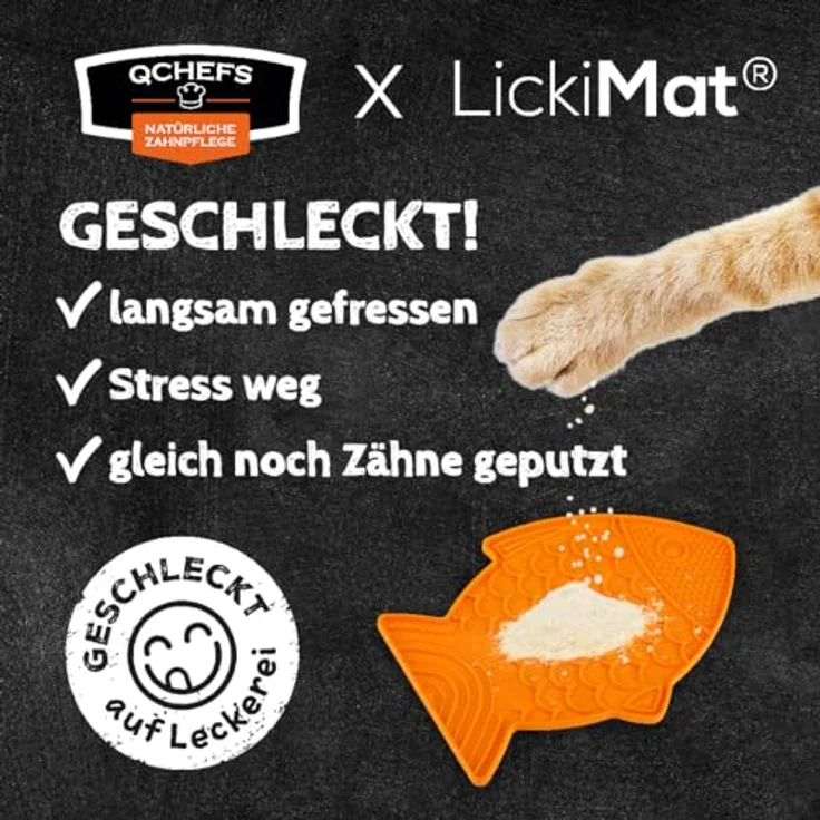 Qchefs Schleckmatte Felix, Zahnpflege Topping mit natürlichen Zahnputzflocken für Katzen, glutenfrei und hypoallergen – Bild 3