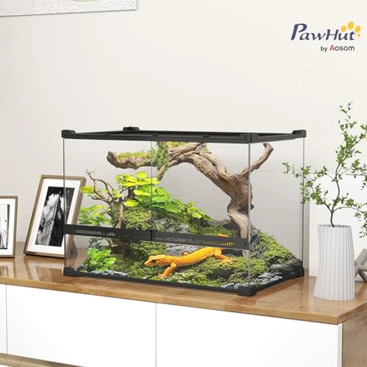 PawHut Terrarium für Reptilien, Glasterrarium 48L mit Frontbelüftung und ausbruchsicherem Drehverschluss, Reptilienzuchtbox für Amphibien und Spinnen, Schwarz 50 x 30 x 35 cm – Bild 2