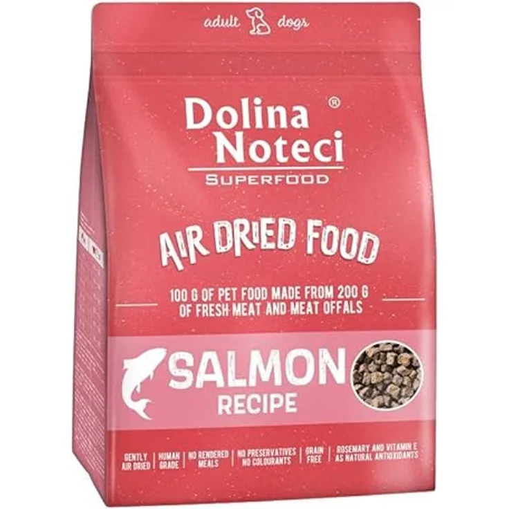 DOLINA NOTECI Glutenfrei Superfood Trockenfutter für Hunde - Lachsgericht, 1kg (4-er Pack), sanft luftgetrocknet, ohne Gluten, ohne synthetische Aromen und Farbstoffe, fördert die Verdauung