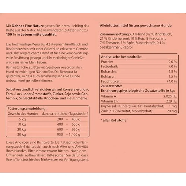 Dehner Fine Nature Hundefutter, Nassfutter in Lebensmittelqualität für ausgewachsene Hunde, Rind mit Reis, Zucchini und Tomaten, 6 x 200 g Dose (1.2 kg) – Bild 5