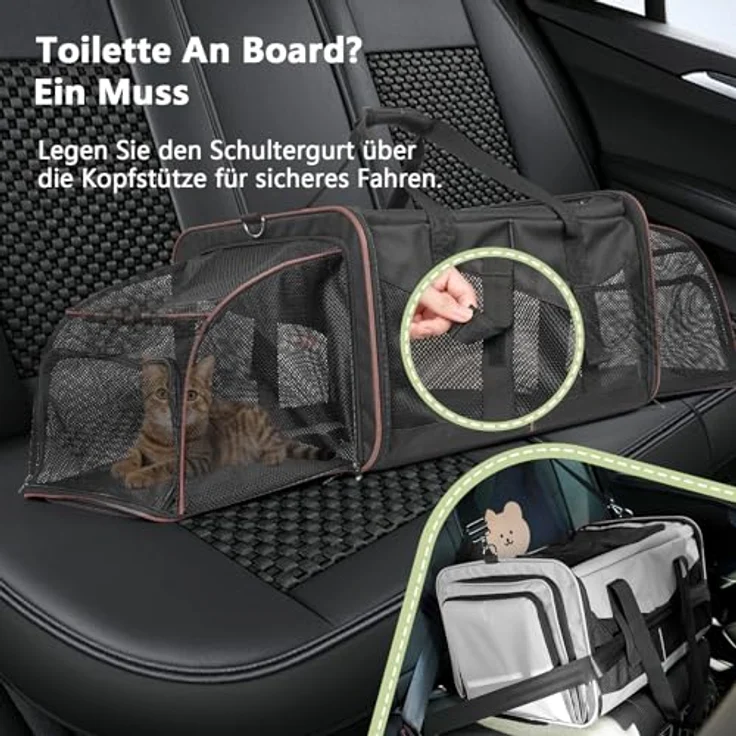 LitaiL Faltbare Katzentransportbox für 2 Katzen oder große Katze, mit zwei wasserdichten Katzentoiletten, atmungsaktiv und waschbar, Schwarz – Bild 5