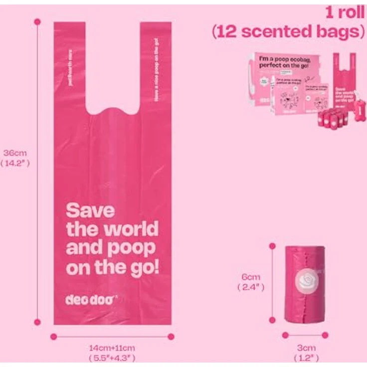 Deo Doo Hundekotbeutel, mit Henkel, Rose Duft, 360 Stück, 30 Rollen, aus recyceltem Material, 50% Speisestärke, auslaufsicher – Bild 4