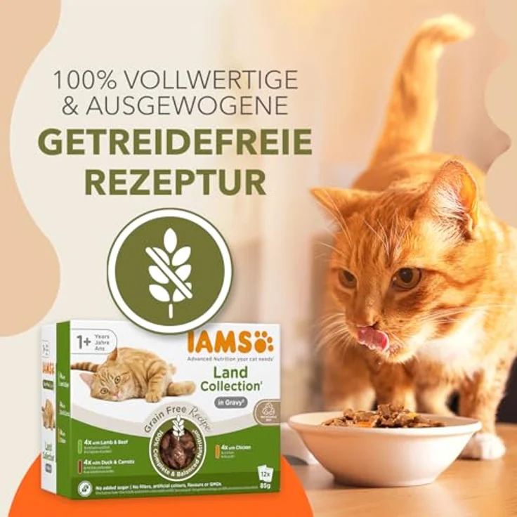 IAMS Delights Land Collection Katzenfutter Nass Getreidefrei, Multipack mit 12 x 85g in Sauce, 4x Lamm & Rind, 4x Ente & Karotten, 4x Huhn, getreidefreies Nassfutter für Katzen ab 1 Jahr – Bild 2
