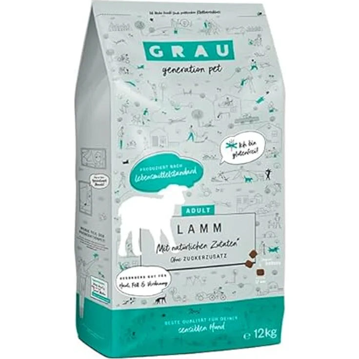 Grau Lamm 12kg, Hunde-Trockenfutter für erwachsene Hunde mit leckerem Lamm