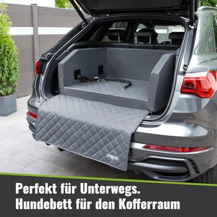 CopcoPet Hundebox Auto Kofferraumschutz mit Ladekantenschutz, herausnehmbare Schutzmatte und Anschnallsystem, 90x55x38cm, Grau – Bild 3
