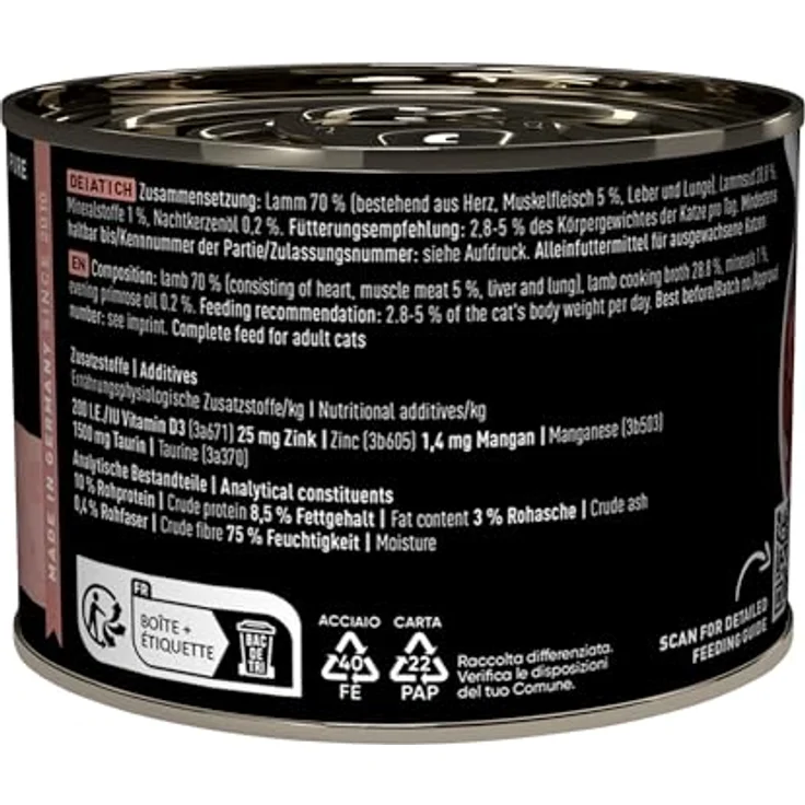 catz finefood Purrrr Lamm Monoprotein Katzenfutter nass N° 111, für ernährungssensible Katzen, 70% Fleischanteil, 6 x 200 g Dose – Bild 3