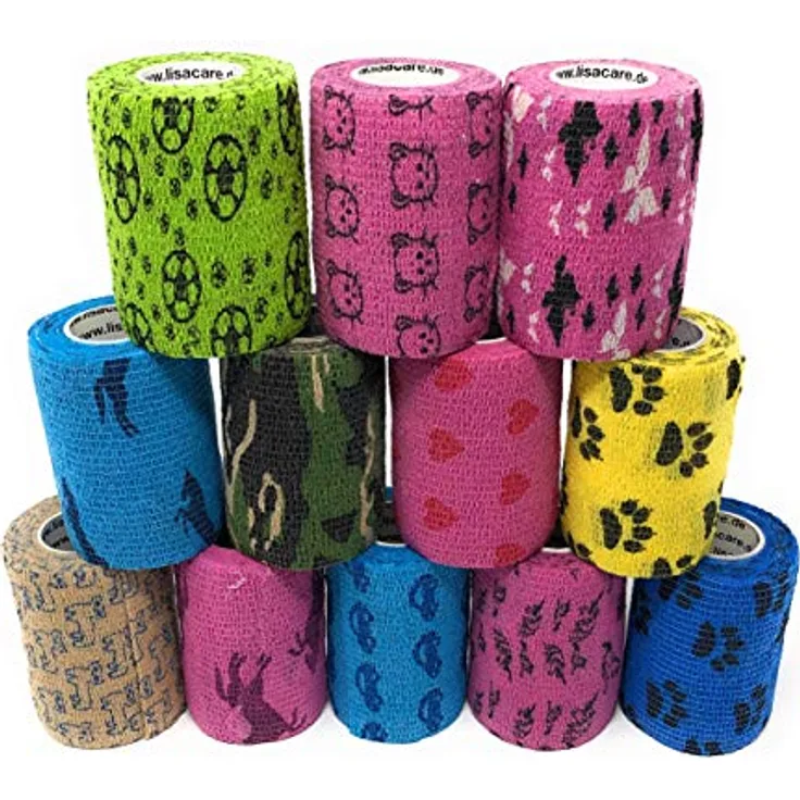 LisaCare selbsthaftende Bandage, 7,5cm x 4,5m, 12er-Set Bunter Motiv-Mix, elastisch, kohäsiv, ohne Kleber, ideal für Mensch und Tier