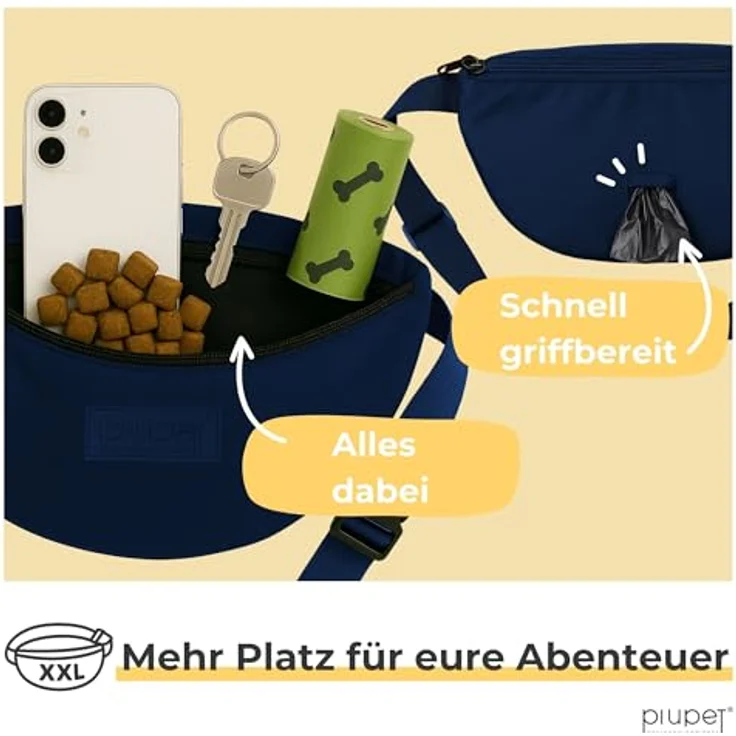 PiuPet® Leckerlitasche für Hunde, Wasserdichte Gassitasche mit 3 Reißverschlussfächern, 2-in-1 Bauchtasche und Umhängetasche, herausnehmbare Innentasche, Blau – Bild 3