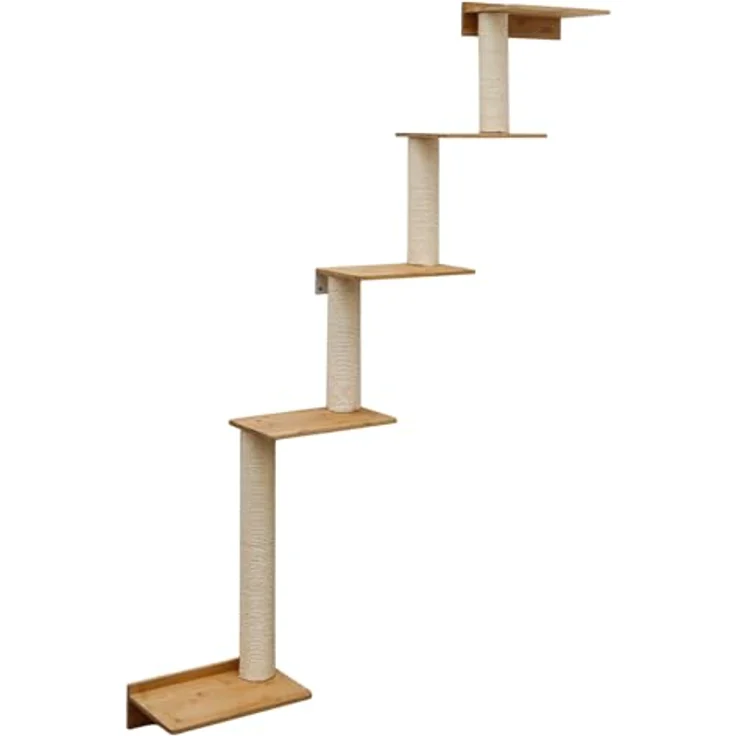 eyepower Kratzbaum zur Wandmontage Milo, 179 cm Katzenkratzbaum mit 5 Bambus Plateau, Sisalstamm, platzsparende Kletterwand für Katzen – Bild 2