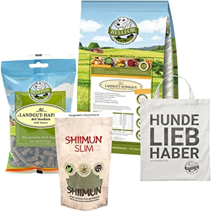 Bellfor Futterset für mittelgroße, ernährungssensible Hunde – Landgut-Schmaus Trockenfutter 2,5 kg, Landgut-Happen 200 g, Shiimun Slim 50 g, inklusive Jutebeutel