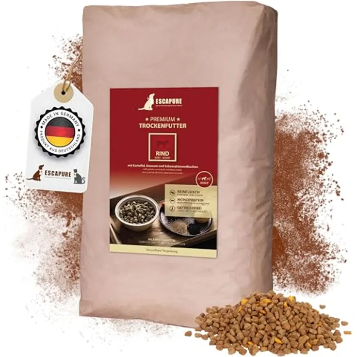 Escapure Adult Trockenfutter Hund RIND, 12kg Beutel - Getreidefreies Alleinfuttermittel mit hohem Fleischanteil, Rapsöl & Amarant für ausgewachsene Hunde