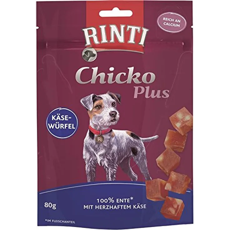 Rinti Chicko Käsewürfel mit Ente, 80g Packung, 82% Entenfleisch, 7,5% Käse, 12er Set