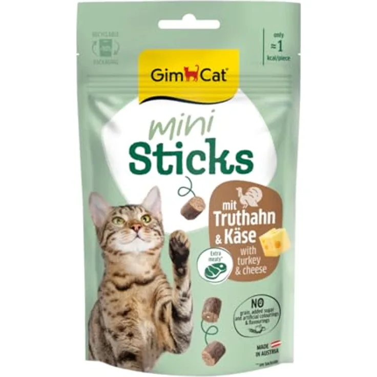 GimCat Mini Sticks Truthahn & Käse, getreidefreier Katzensnack mit Vitaminen und Taurin, 1 Beutel (50 g)