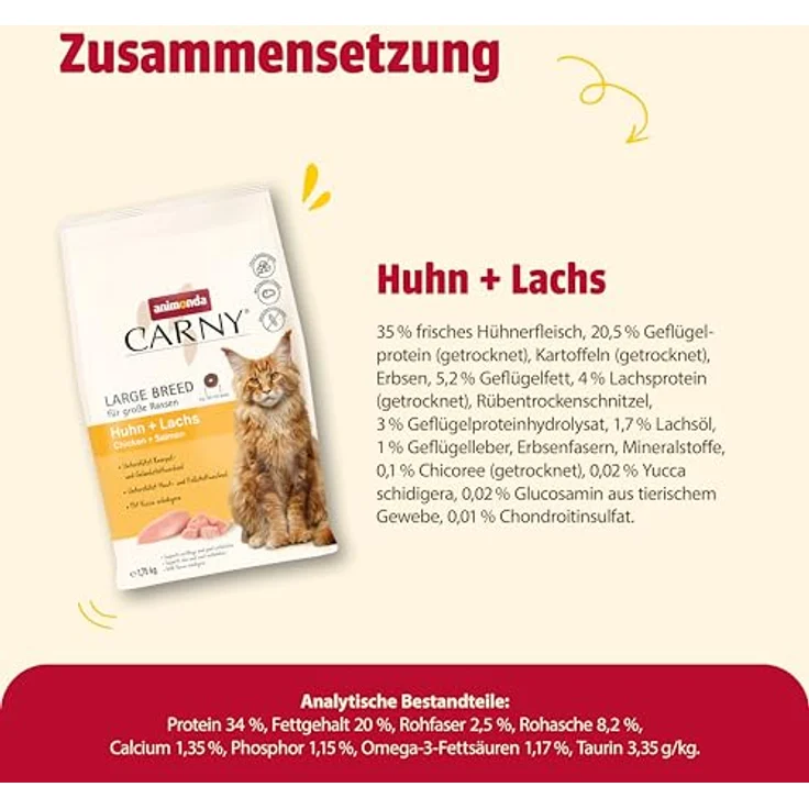 animonda Carny Katzen Trockenfutter Huhn + Lachs, 10kg für große Katzenrassen, ohne Zucker und Getreide, große Kroketten mit 34% tierischen Proteinen und Omega-3-Fettsäuren – Bild 4