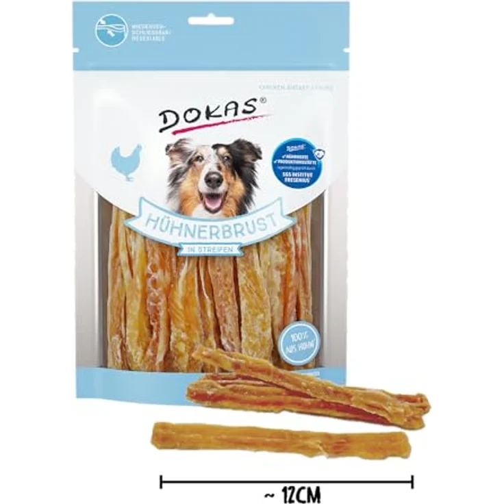 DOKAS Getreidefreier Premium Snack in Streifen, 100% Hühnerbrustfilet, fettarm, 8x 250 g – Bild 3