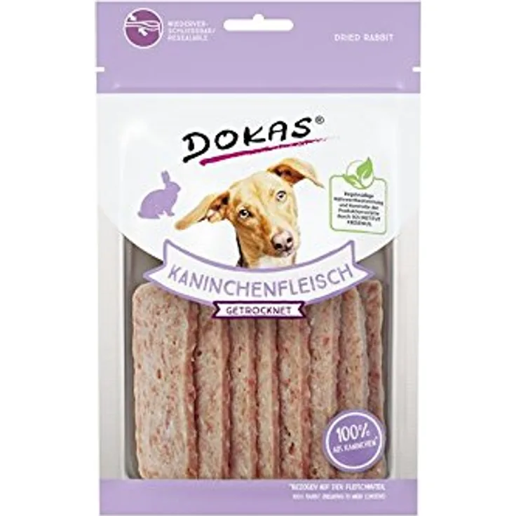 Dokas Fleischsnack mit Kaninchen, Sparpaket mit 6 x 70 g, 93% Premium-Kaninchen, luftgetrocknet, fettarm und ohne Zusatzstoffe