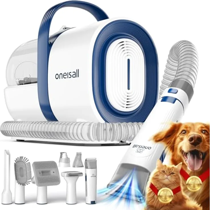 oneisall Hundeschermaschine mit Staubsauger, 12000 Pa Saugkraft, 7-in-1 Pflege-Set für Hunde und Katzen, geräuscharm, 1.5L Staubbehälter