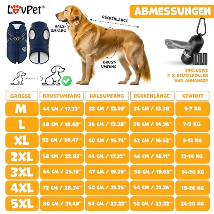 LOVPET® Hundejacke mit Geschirr, gefütterte und wasserdichte Winterweste 5XL in Navyblau, inkl. 45 Kotbeutel + Spender, gepolstert mit Reflexion und D-Ring – Bild 2