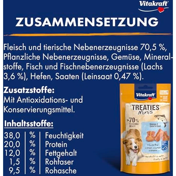 Vitakraft Treaties Minis, weicher Hundesnack gefüllt mit Lachs, mit Omega 3, Trainingsleckerli, 8x48g, Made in Germany – Bild 4