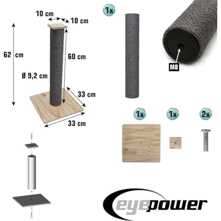 Eyepower Luca, 62cm Sisal Kratzsäule für Katzen mit stabiler Bambus Bodenplatte, ideal für kleine Räume – Bild 4