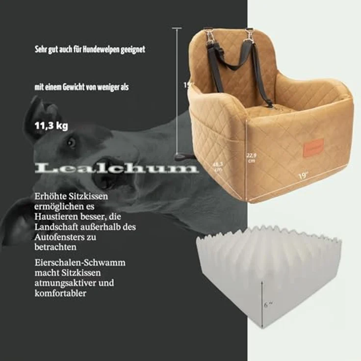 Lealchum Hunde-Autositz für kleine/mittelgroße Hunde, tragbarer Welpensitz mit erhöhtem Kissen, abnehmbar und waschbar, mit Aufbewahrungstaschen (Coffee, Medium) – Bild 2