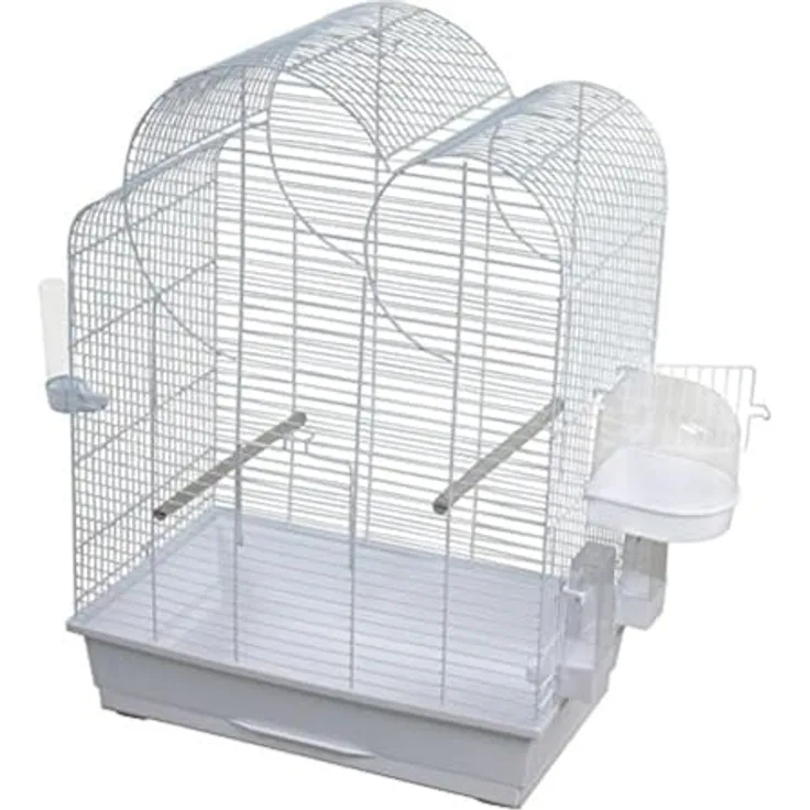 Duvoplus Eliza, Vogelkäfig + Voliere mit Badehaus, 2 Futternäpfen und Ausziehbarer Schublade, weiß