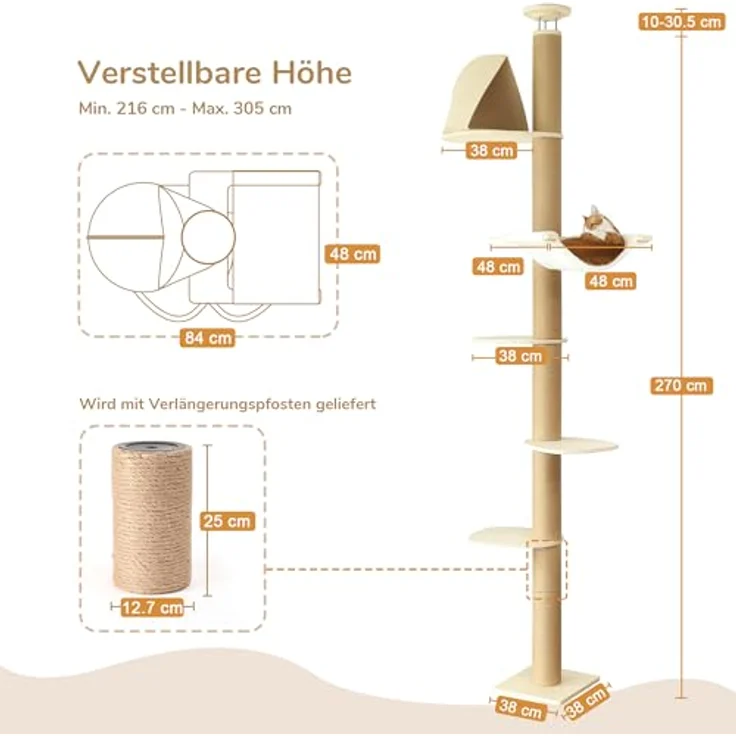 FUKUMARU Kratzbaum 6 Etagen, bis zur Decke reichender Katzenbaum (282-305cm), wandmontiert, aus Gummibaumholz, mit Katzenversteck-Zelt und Hängematte, beige – Bild 2