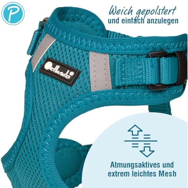 Petlando Hundegeschirr Mesh Vest S, leichtes reflektierendes Brustgeschirr für kleine Hunde, stufenlos verstellbar, Petrol, 2 D-Ringe – Bild 3