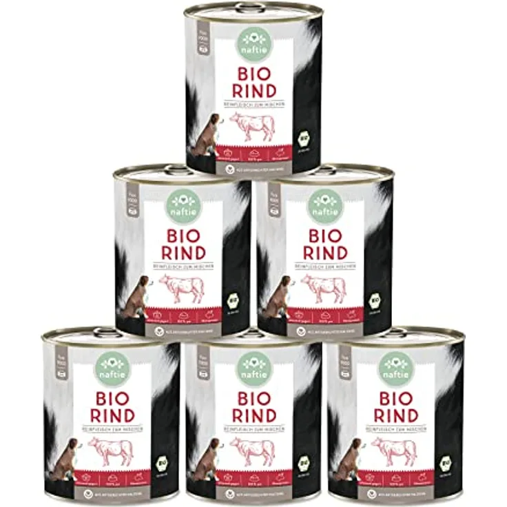 naftie Bio Hundefutter 100% Bio-Rind, Reinfleisch Nassfutter, glutenfrei & getreidefrei, Sparpaket 6x800g Dosen