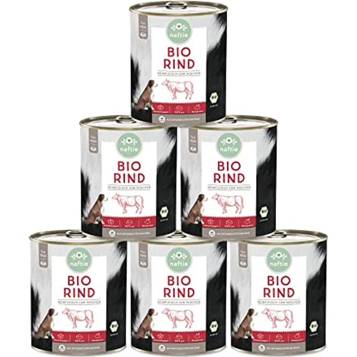 naftie Bio Hundefutter 100% Bio-Rind, Reinfleisch Nassfutter, glutenfrei & getreidefrei, Sparpaket 6x800g Dosen – Bild 1
