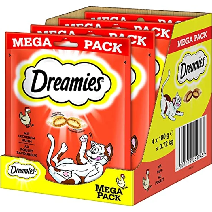 Dreamies Mega Pack 180g Huhn, knusprige Snacks mit cremiger Füllung für Katzen, wiederverschließbare Verpackung