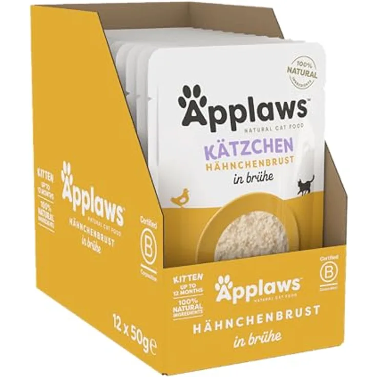 Applaws Natürliches Nassfutter für Kätzchen, Hühnchen in Brühe, 12 x 50g Beutel, 100% natürliche Zutaten, Omega-3 & 6 Fette