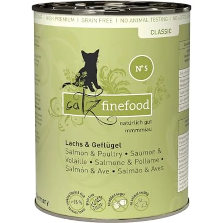 catz finefood N° 5 Lachs & Geflügel Feinkost Katzenfutter nass, 36% Lachs, verfeinert mit Spinat & Tomate, 6 x 400g Dosen