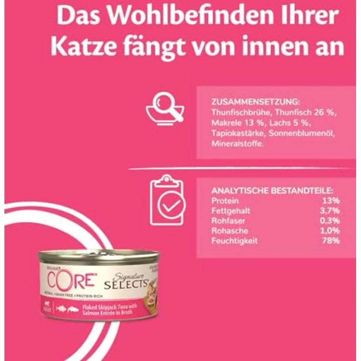 Wellness CORE Signature Selects Flaked Selection Mix, 8 x 79 g Nassfutter für Katzen in Brühe, getreidefrei, ohne Zuckerzusatz, hoher Fleischanteil, Thunfisch und Garnelen, Thunfisch und Lachs – Bild 4