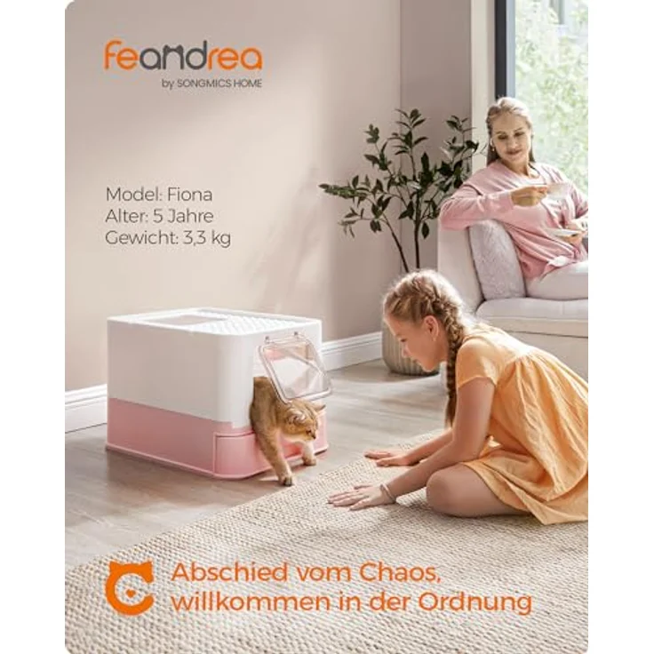 Feandrea Katzenklo PPT001P01, Katzentoilette mit Deckel, ausziehbarem Tablett, Schaufel und Bürste, auslaufsicher, für Katzen bis 15 kg, weiß-pastellrosa – Bild 3