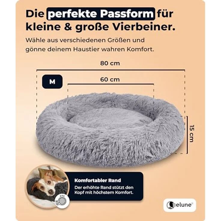 Belune® Hundebett, mit waschbarem Bezug, 80cm, M, Hellgrau, aus 100% veganem Kunstfell, rutschfest und komfortabler Polsterrand – Bild 5