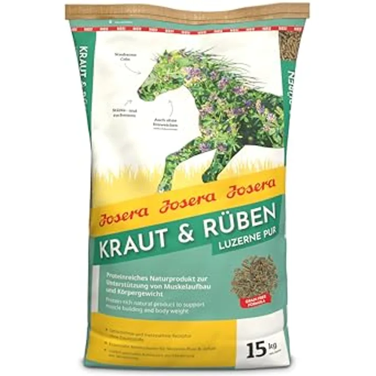 Josera Kraut & Rüben Luzerne Pur, Pferdefutter 15 kg, getreidefreier Strukturmix, proteinreich, umweltfreundlich