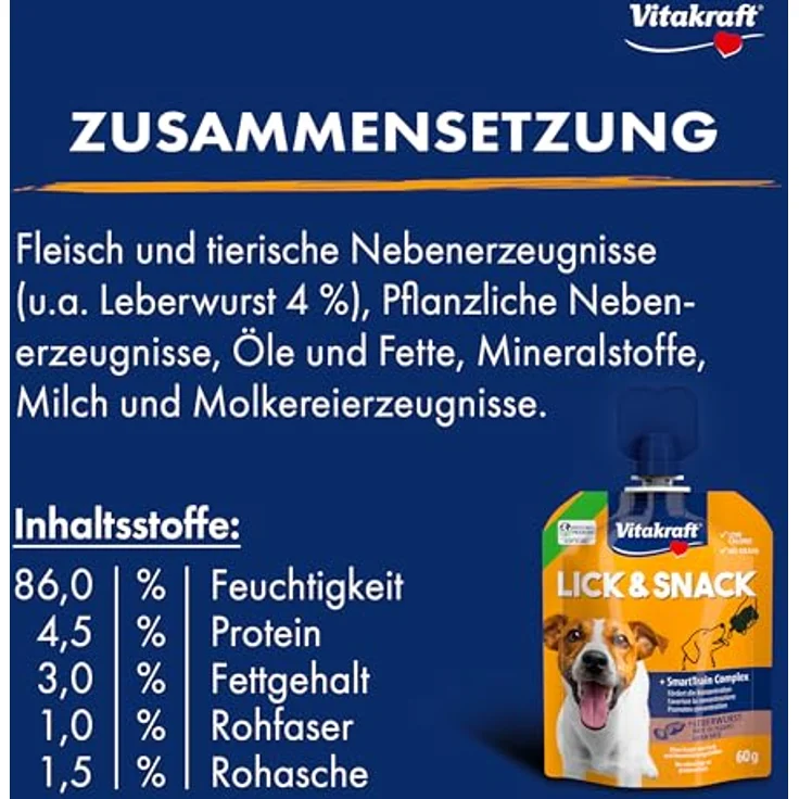 Vitakraft LickundSnack Train Leberwurst 60g, kalorienarmer Hundesnack im Quetschie-Format mit Lecithin, Biotin und Taurin для Training – Bild 4
