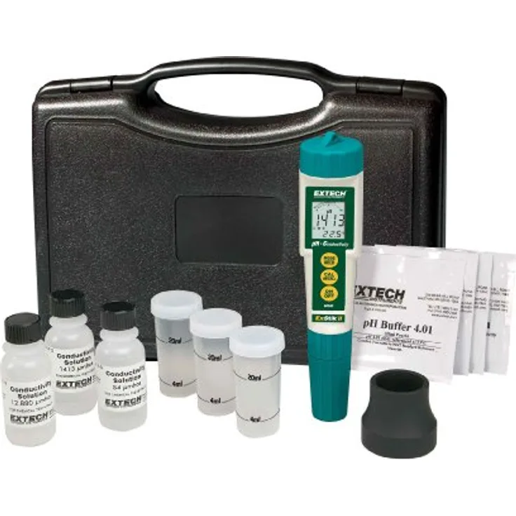 Extech ExStik II EC510, Wasserdichtes pH/Leitfähigkeitsmessgerät Set mit 5 Messparametern, inklusive Transportkoffer