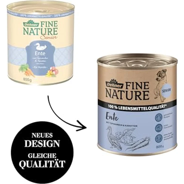 Dehner Fine Nature Hundefutter, Nassfutter in Lebensmittelqualität für ältere Hunde, Ente mit Topinambur und Karotten, 6 x 800 g Dose (4.8 kg) – Bild 4