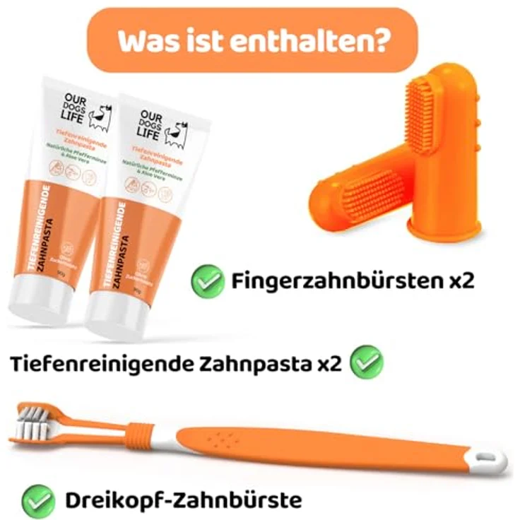 DogsLife Hundezahnbürste Set, dreiköpfige Zahnbürste mit 100% natürlicher Zahnpasta gegen Zahnstein und Zahnbelag, für frischen Atem, geeignet für alle Rassen – Bild 2