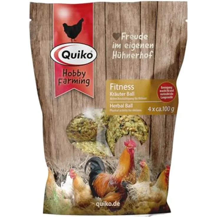 Quiko Hobby Farming Fitness Kräuter Ball für Hühner, 4x 100g, Bunter Fitness Ball aus schmackhaften Kräutern und Leckereien, Hühner Beschäftigungsspielzeug