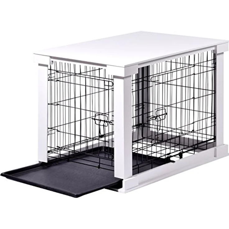 dobar® Design Hundekäfig aus Holz Gr. M, Hundebox mit Tischoberfläche und herausziehbarer Kunststoffwanne, 83 x 55 x 59 cm, Weiß – Bild 4