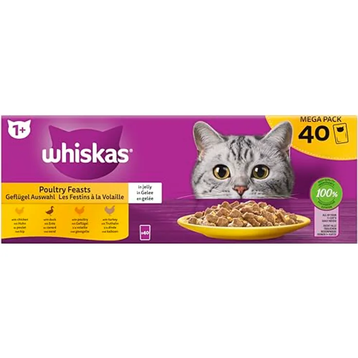 WHISKAS® Multipack Portionsbeutel 1+ Geflügel Auswahl, 4 Varietäten in Gelee, Huhn, Ente, Geflügel, Truthahn, 40x85g