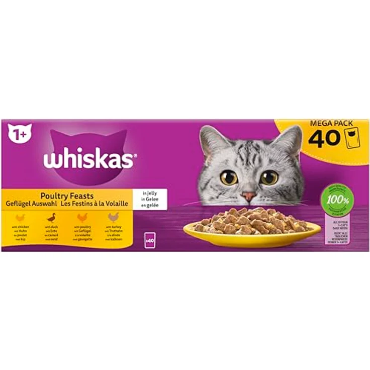 WHISKAS® Multipack Portionsbeutel 1+ Geflügel Auswahl, 4 Varietäten in Gelee, Huhn, Ente, Geflügel, Truthahn, 40x85g – Bild 1
