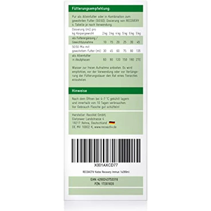 RECOACTIV Recovery Immun, hochkalorisches Diät-Alleinfuttermittel für Katzen, 280 ml zur Gewichtszunahme und ernährungsphysiologischen Wiederherstellung bei Mangelernährung und hohem Energiebedarf – Bild 4