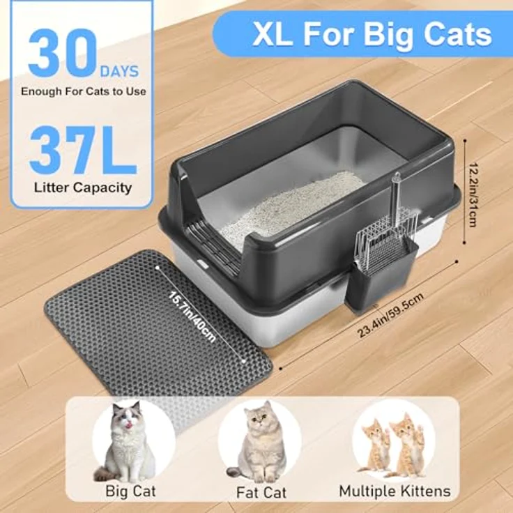 Marchul Katzentoilette XL, Edelstahl-Katzenklo für große Katzen, urindicht mit Deckel, inkl. Streumatte und Edelstahl Kot-Schaufeln, 60x40x31cm – Bild 4
