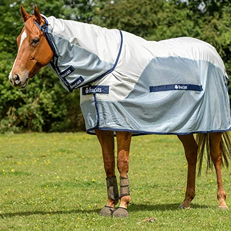 Bucas Buzz-Off Rain & Neck, Fliegendecke für Pferde mit wasserdichtem Material, Silber/Blau – Bild 4