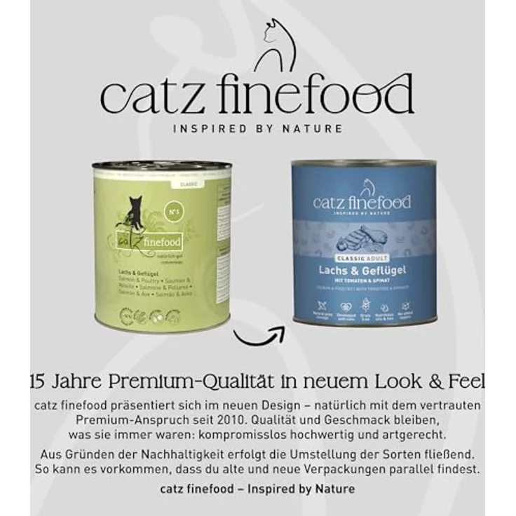catz finefood N° 5 Lachs & Geflügel Feinkost Katzenfutter nass, 36% Lachs & 35% Geflügel, verfeinert mit Spinat & Tomate, 6 x 800g Dosen – Bild 4