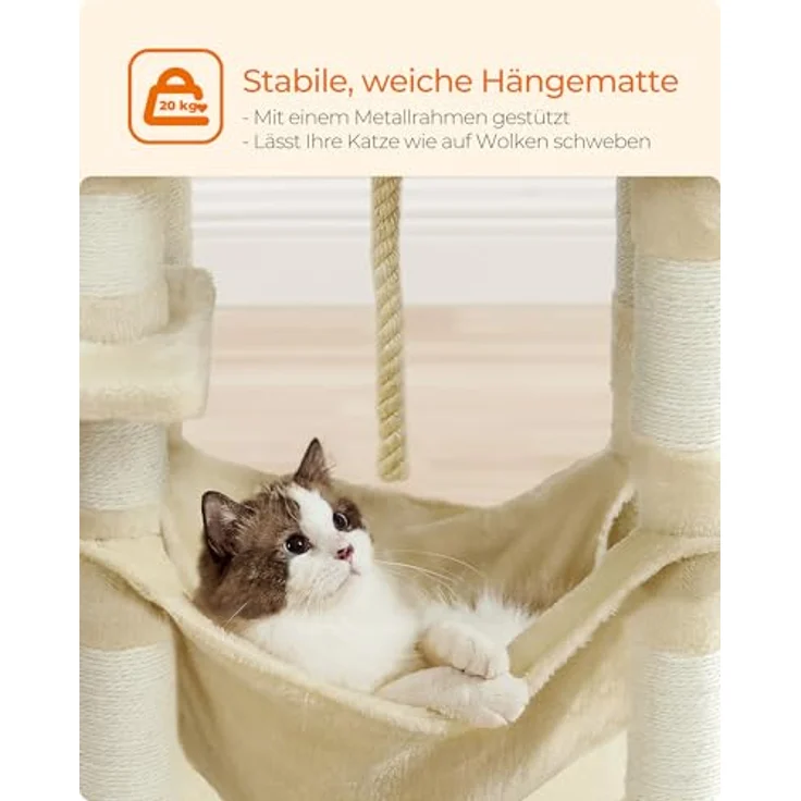 Feandrea Kratzbaum PCT215M01, 111 cm hoch, mit 7 Kratzsäulen, 2 Plattformen, 1 Höhle, 1 Hängematte, beige, Kurzflor-Plüsch, mehrstöckiges Design – Bild 5